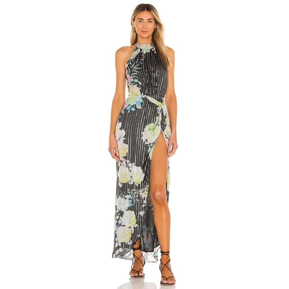 Revolve Rococo Sand Black Floral Shimmer Aita Maxi Dress XS Chic Prom Cocktail